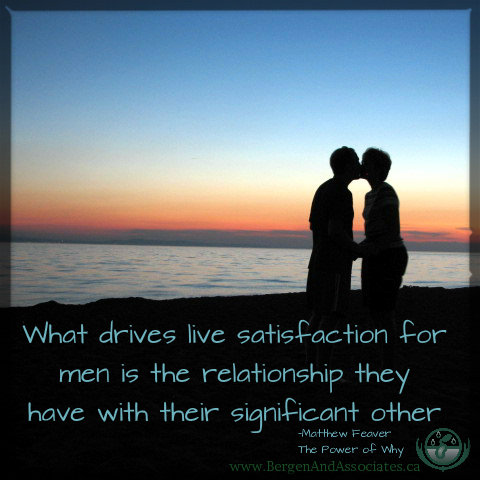 What drives life satisfaction for men is the relationship they have with their significant other which is a quote by Matthew Feaver in the book The Power of Why